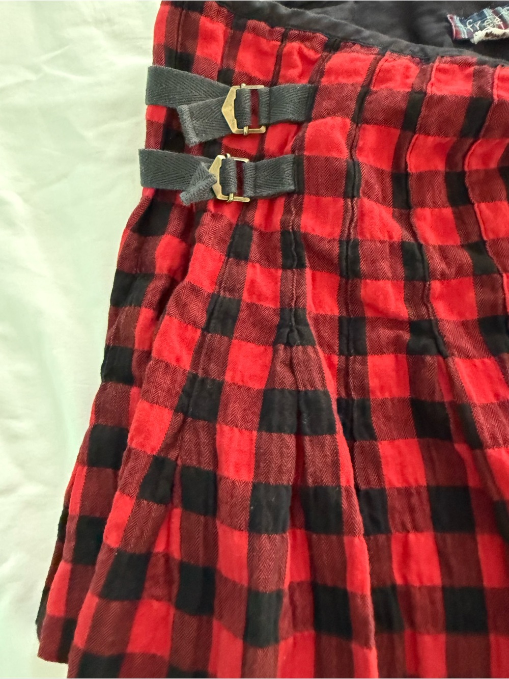 Free People Red and Black Plaid Pleated Mini Skirt with Buckle Straps - Picture 4 of 6
